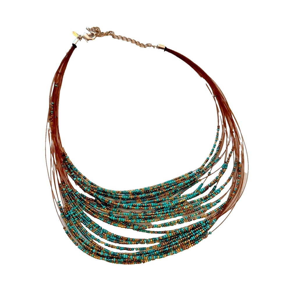 Chico's Multi-Strand Layered Beaded Necklace Womens Adjustable Copper Blue‎